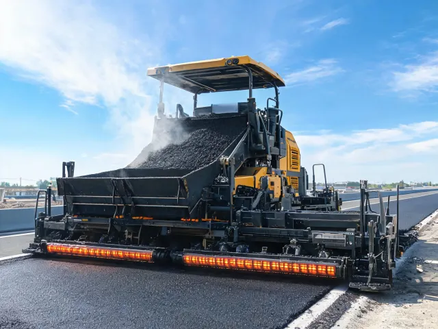 Asphalt paver laying hot-mix mat with screed heaters visible