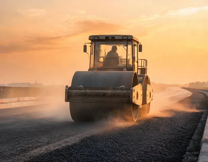 Double drum vibratory roller compacting highway base course at dusk