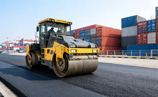 Road roller compacting asphalt in container port yard