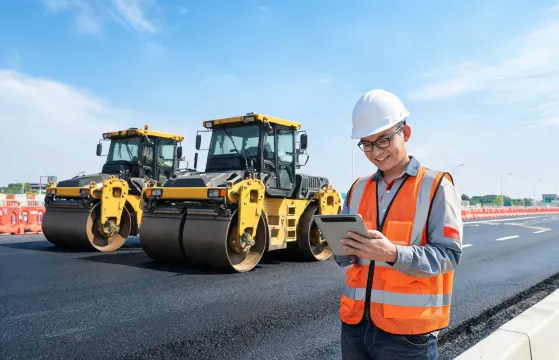 Application engineer reviewing paving plan beside tandem rollers